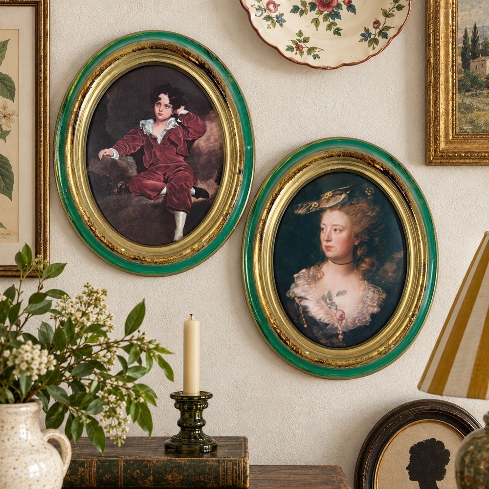 Set of 2 Made in Italy Oval Portrait Prints Green Gold Grandmillennial Decor